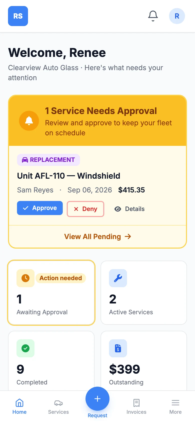 The customer portal on a phone: a fleet contact sees jobs awaiting approval, active services, completed work and the outstanding balance.