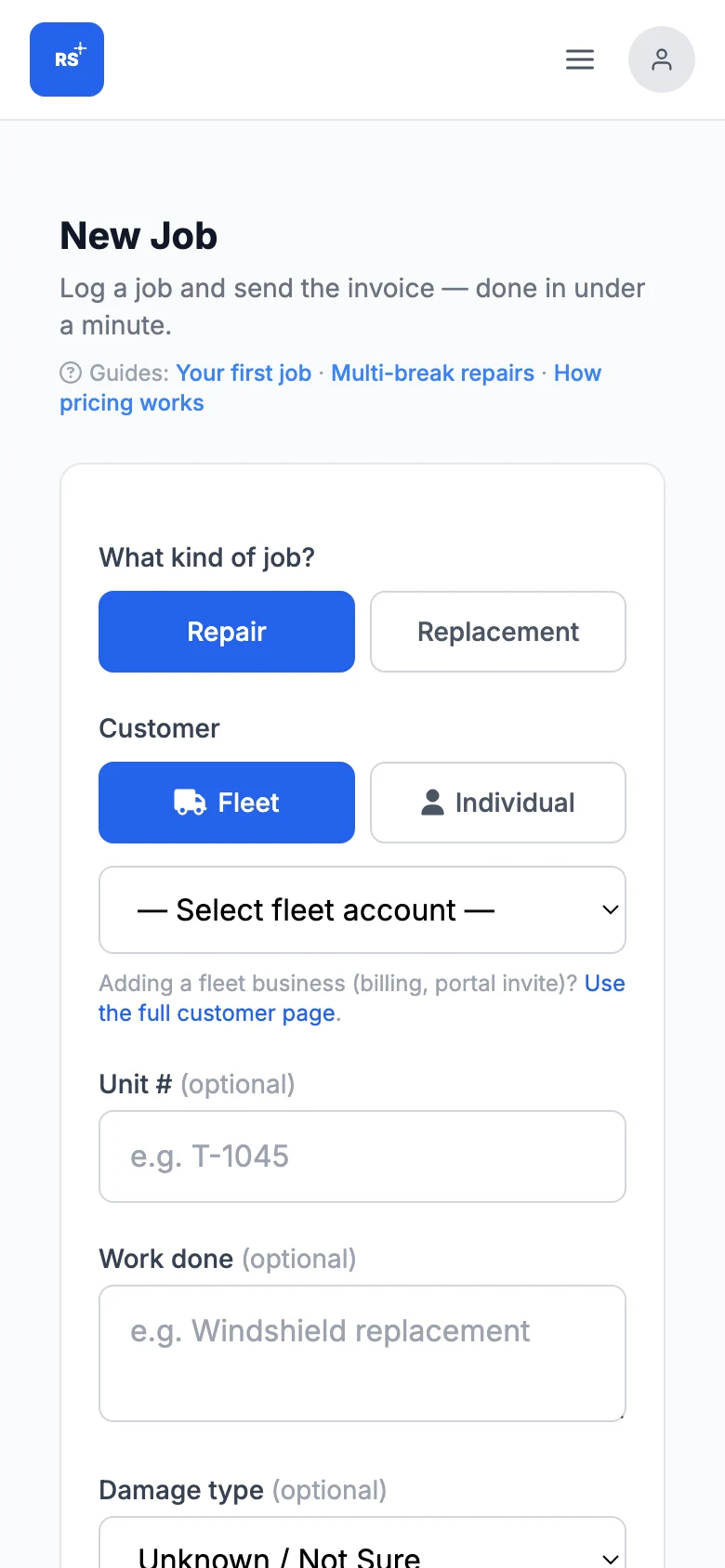 The New Job form on a phone: choose repair or replacement, fleet or individual, then the unit and the work done.